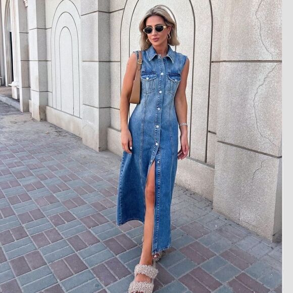 ZARA DENIM TRF DRESS DARK BLUE VEST - Picture 1 of 14